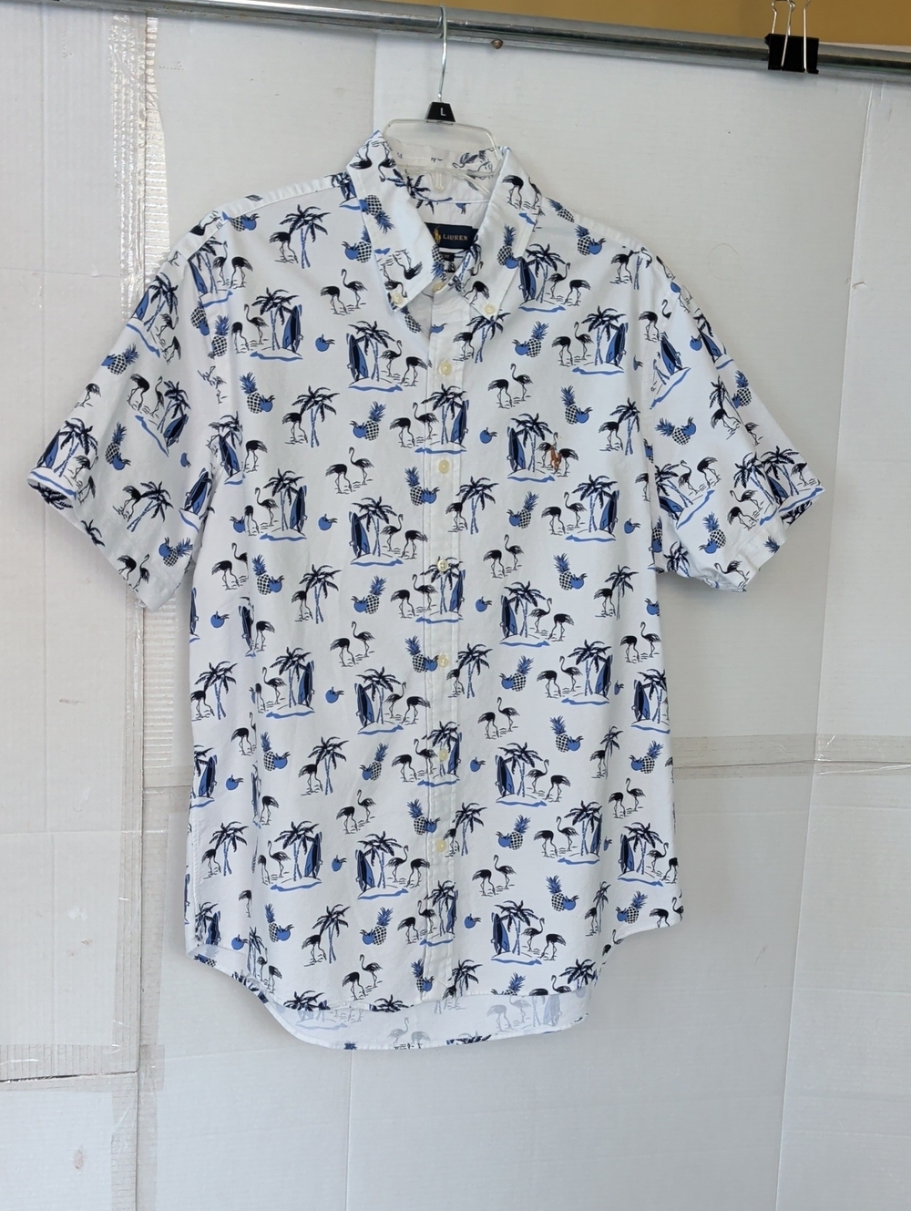 Ralph Lauren White Blue Tropical Print Shirt SZ Large Resort Vacation Chic
